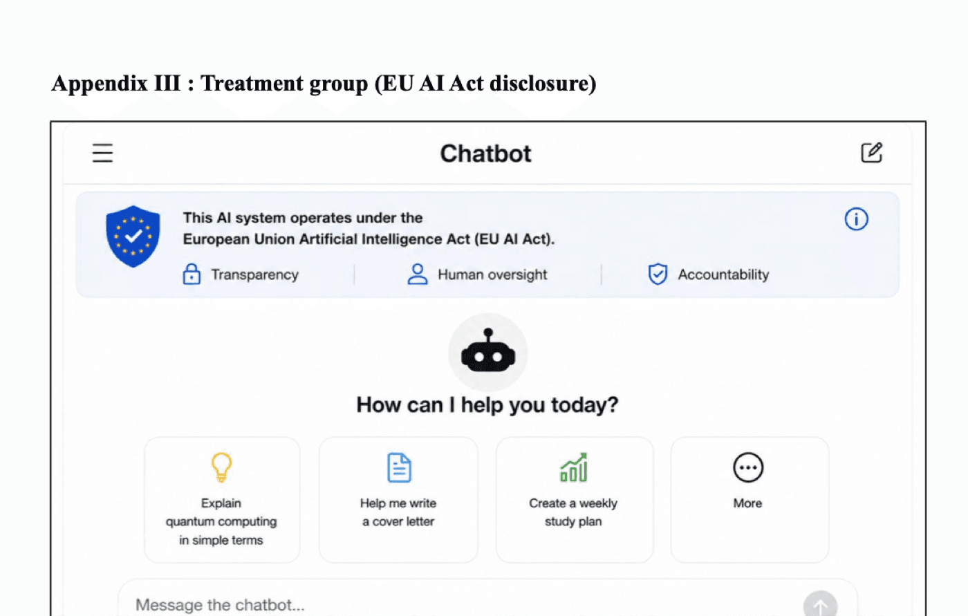 AI chatbot interface displaying an EU AI Act disclosure banner